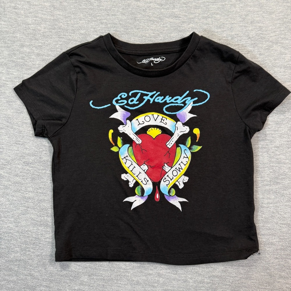 Ed‎ Hardy  Crop Shirt Women L Black Love Kills Slowly Graphic Heart Tattoo Y2k